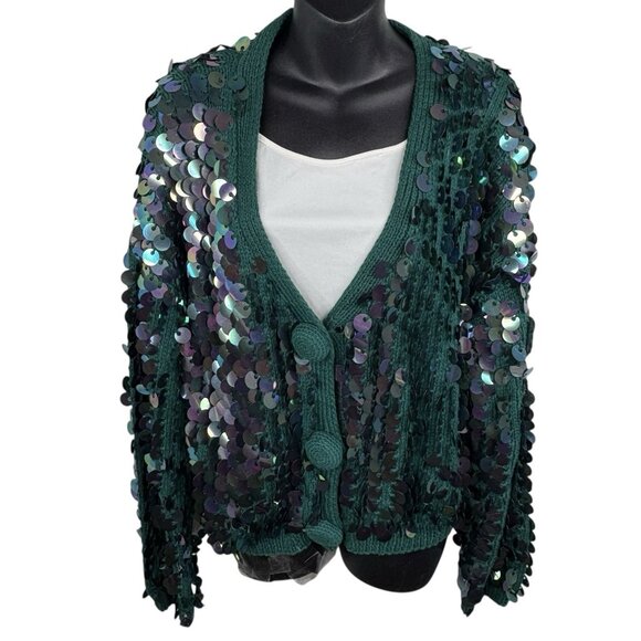 VTG 80s Christmas Party Sequins Festive Green Knit Cardigan Women’s M WICKED - Picture 2 of 12